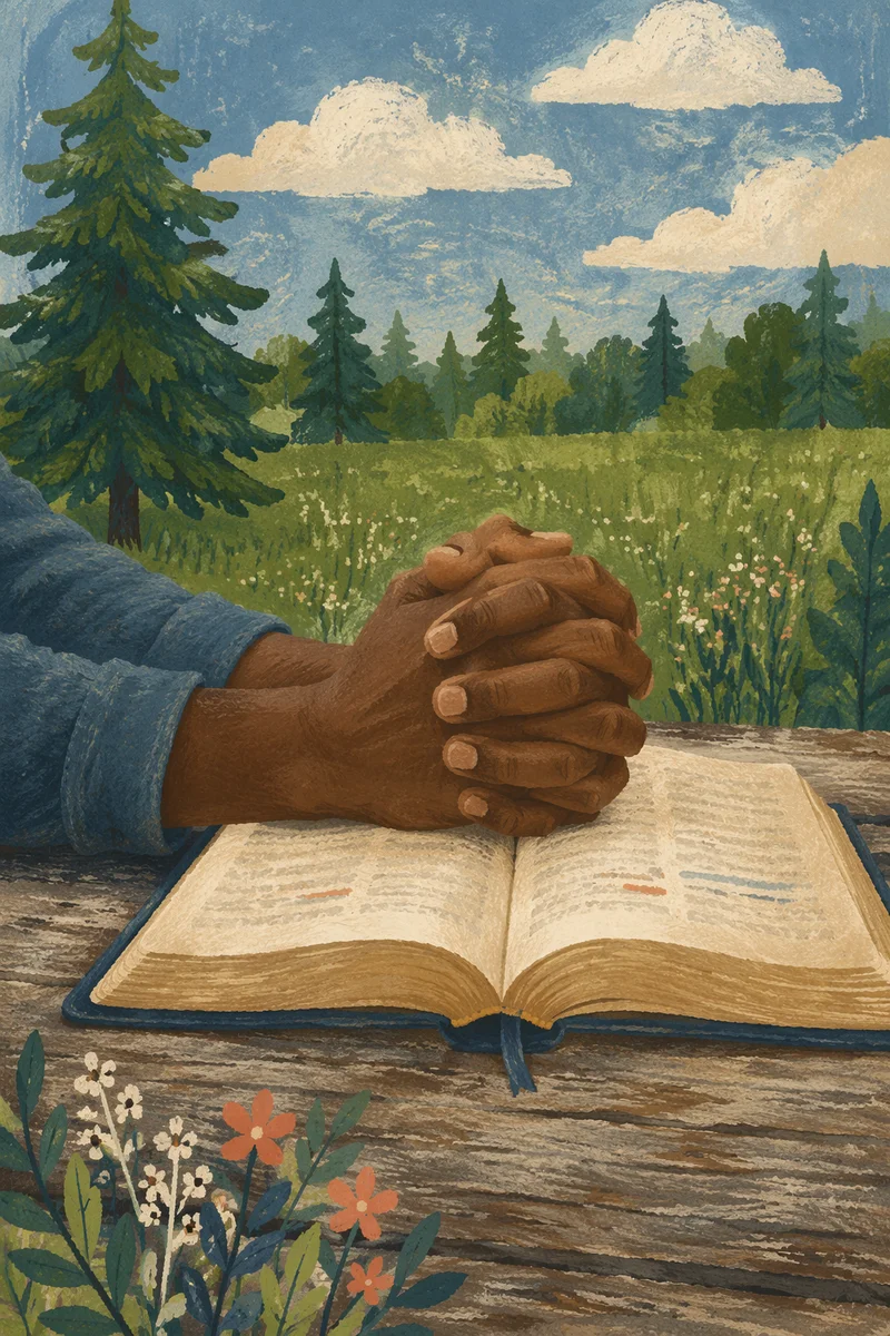 Praying Hands on Bible in Evergreen Light