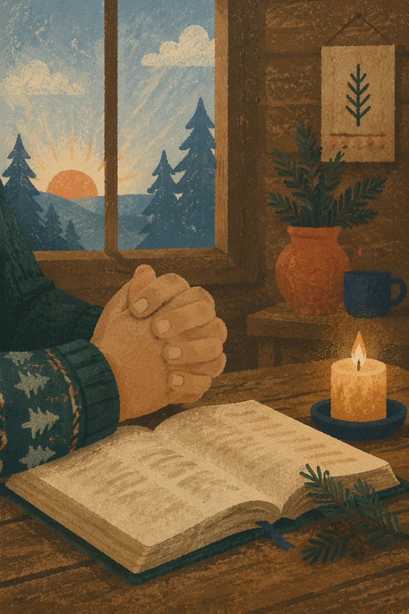 Praying Hands Beside Bible with Evergreen Hope
