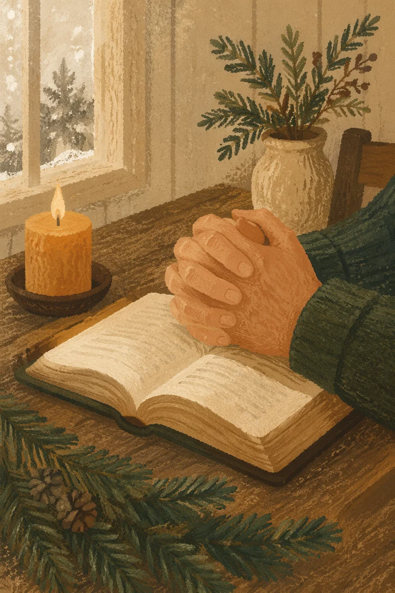 Praying Hands on Bible with Evergreen Candle