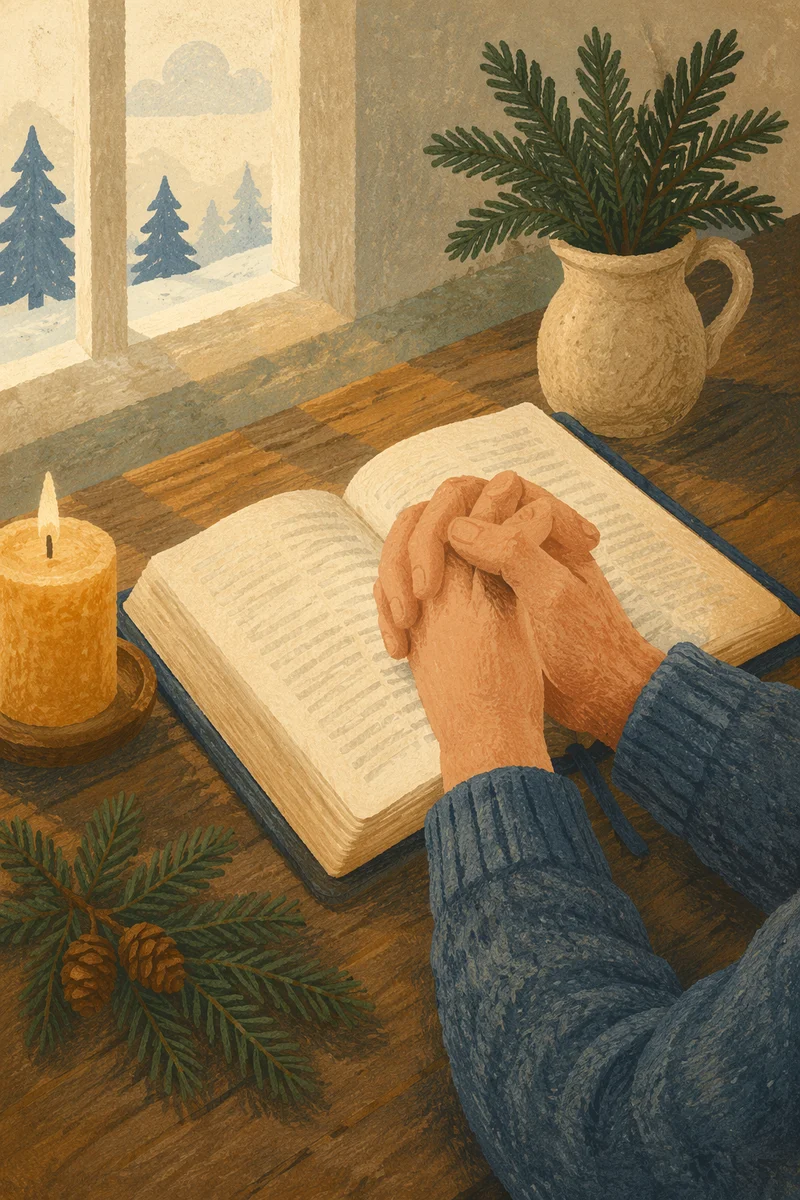 Praying Hands on Bible with Evergreen