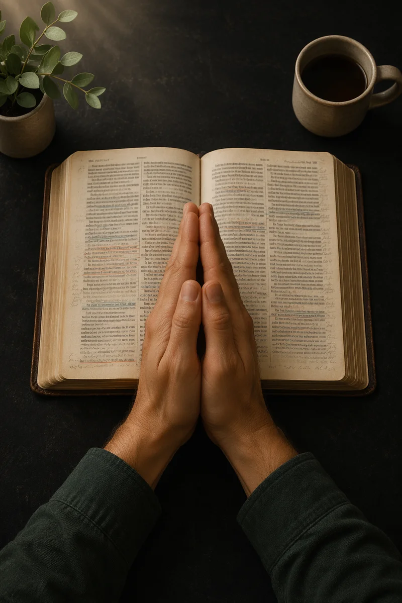 Praying Hands Over Open Bible