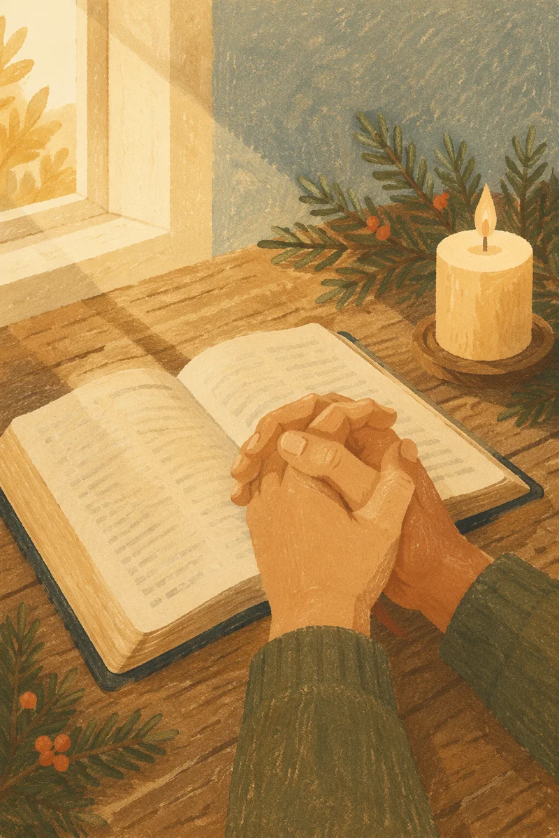 Praying Hands Over Bible with Evergreen