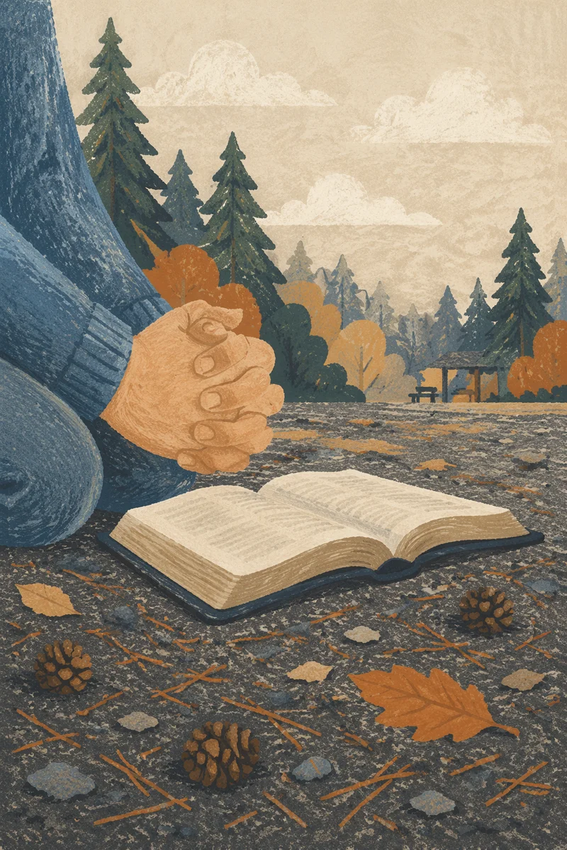 Praying Hands Beside Bible Under Evergreens