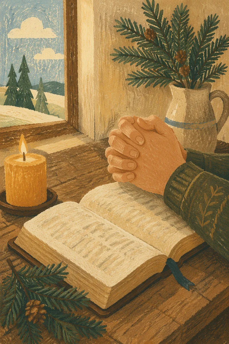 Praying Hands Beside Bible and Evergreen