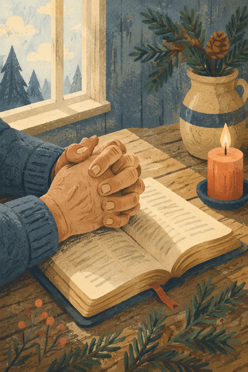 Praying Hands Over Bible With Evergreen