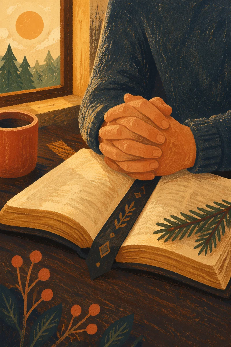 Praying Hands Over Bible with Evergreen Sprig