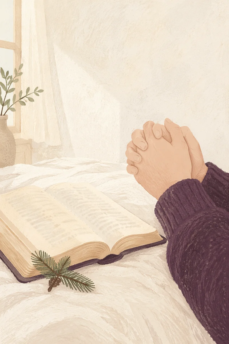 Praying Hands Beside Bible and Evergreen Sprig