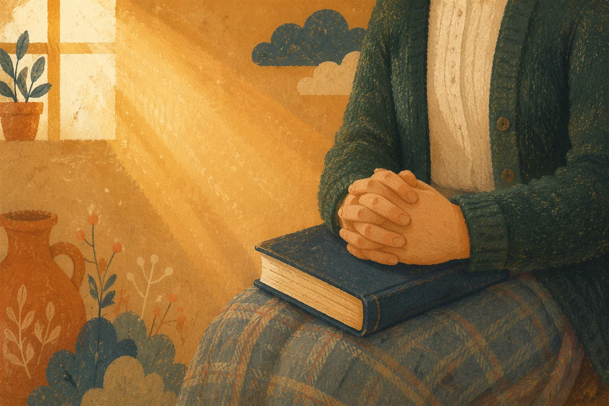 Praying Hands Over Bible in Golden Window Light