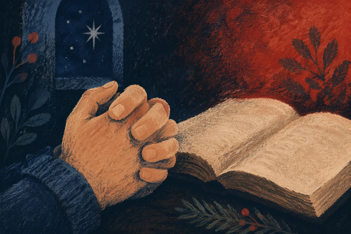 Praying Hands Beside Bible with Evergreen Sprig