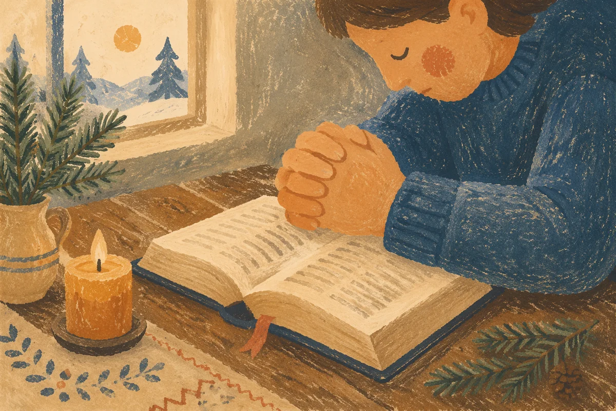 Praying Hands on Bible with Evergreen