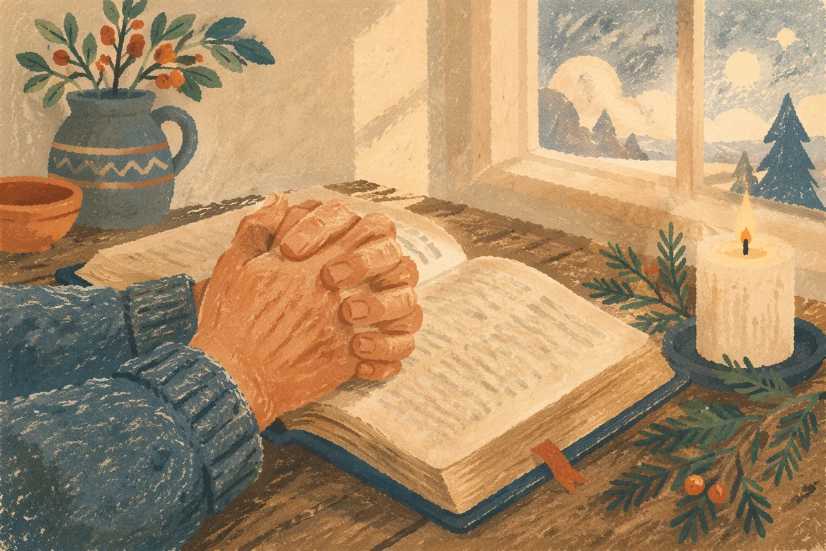 Praying Hands on Bible with Evergreen