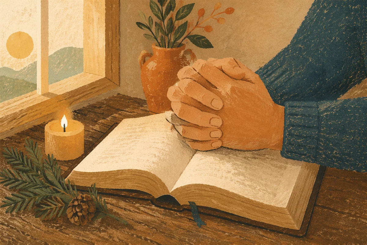 Praying Hands Over Bible with Evergreen