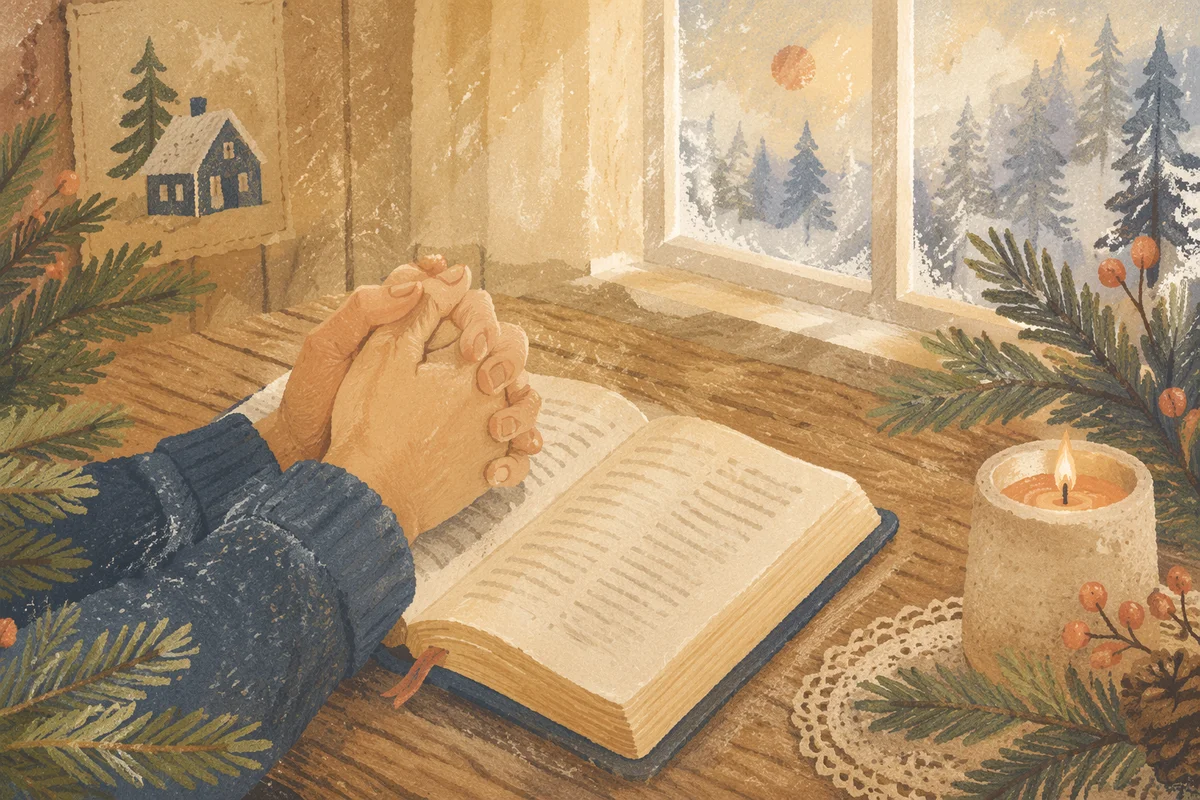 Praying Hands Beside Bible with Evergreen