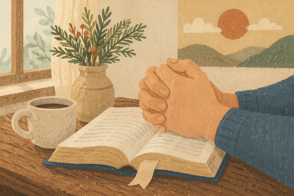 Praying Hands Above Open Bible Devotion
