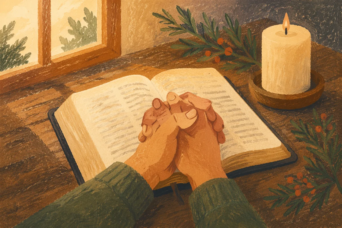 Praying Hands Over Bible with Evergreens