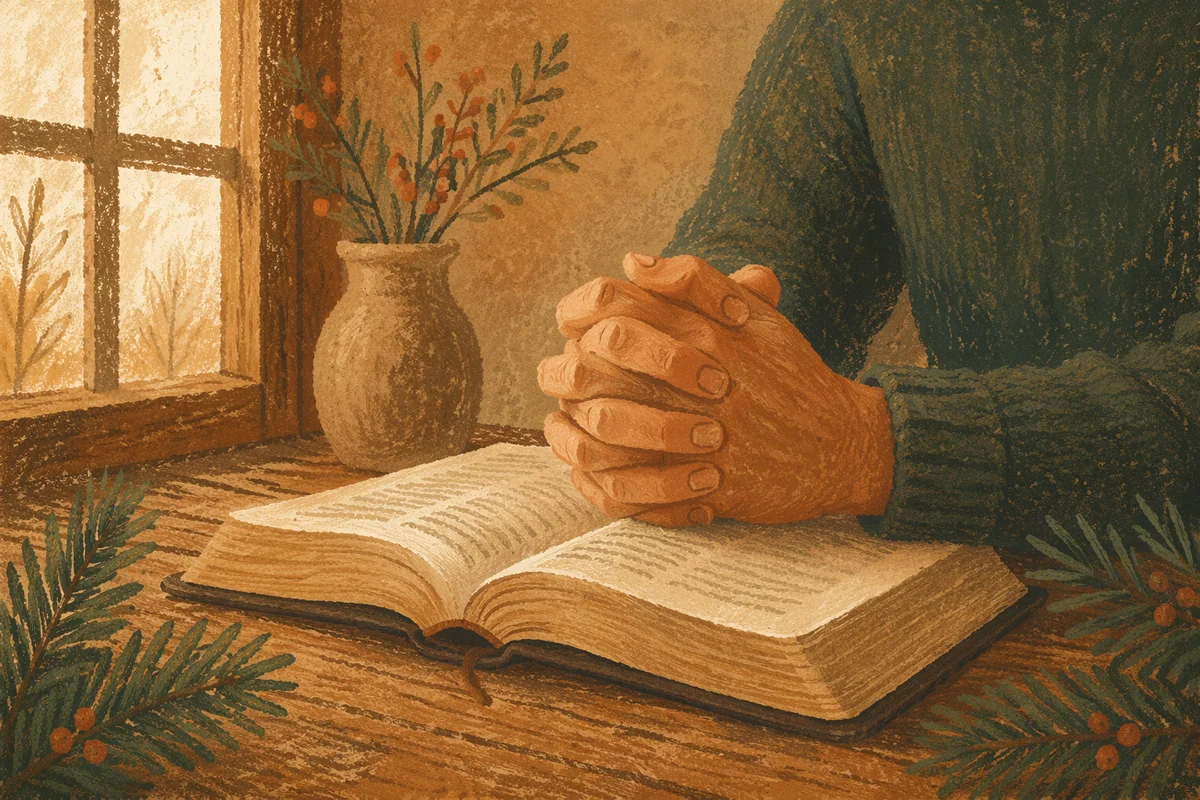 Praying Hands Over Bible With Evergreen Sprigs