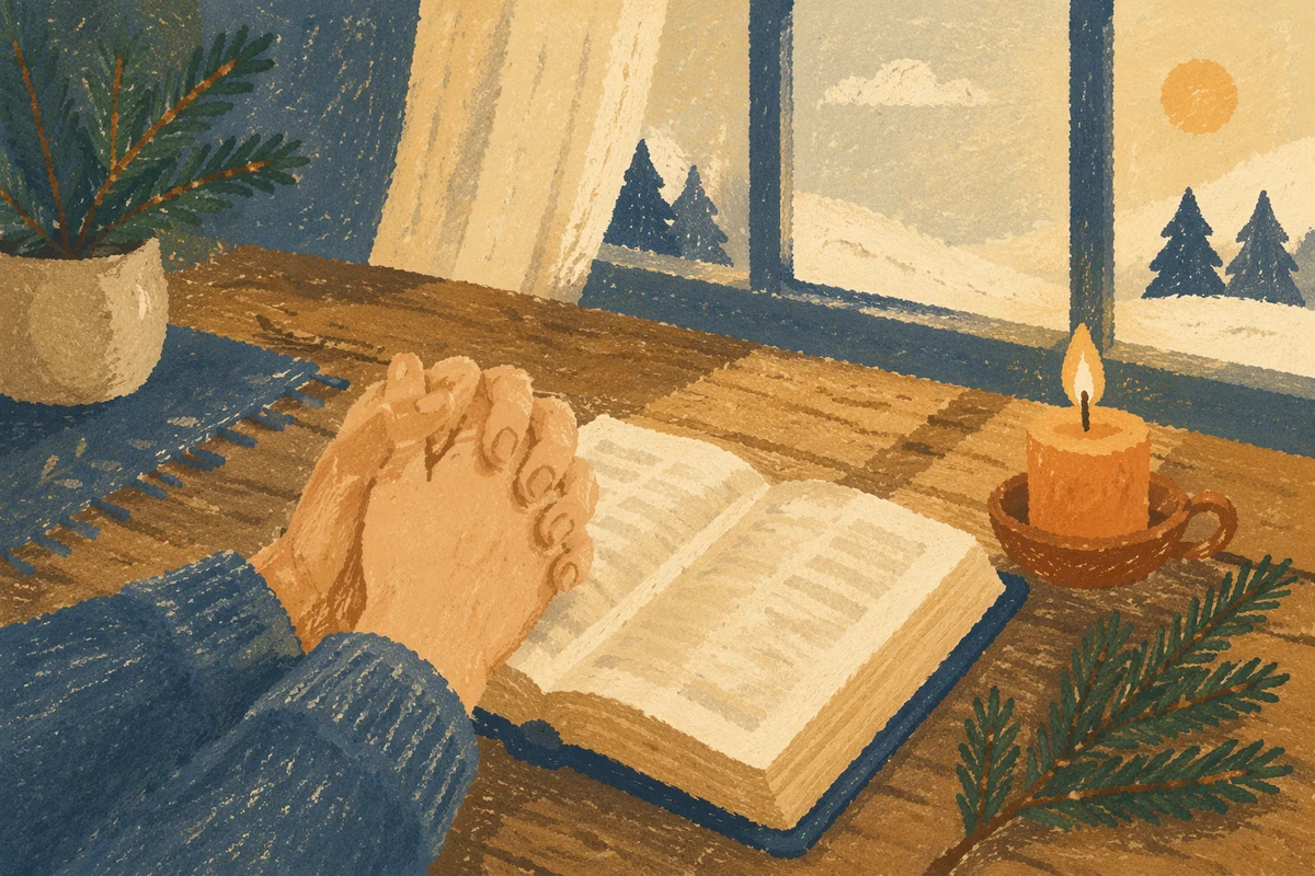 Praying Hands Beside Bible and Evergreen