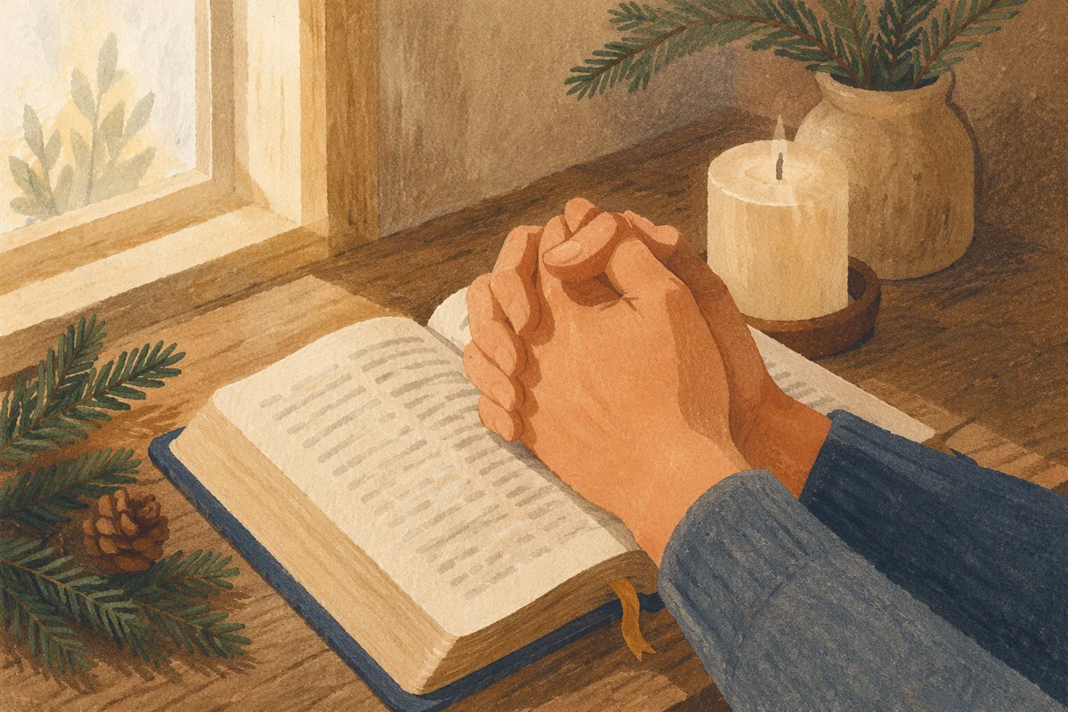 Praying Hands Over Bible with Evergreen Sprigs