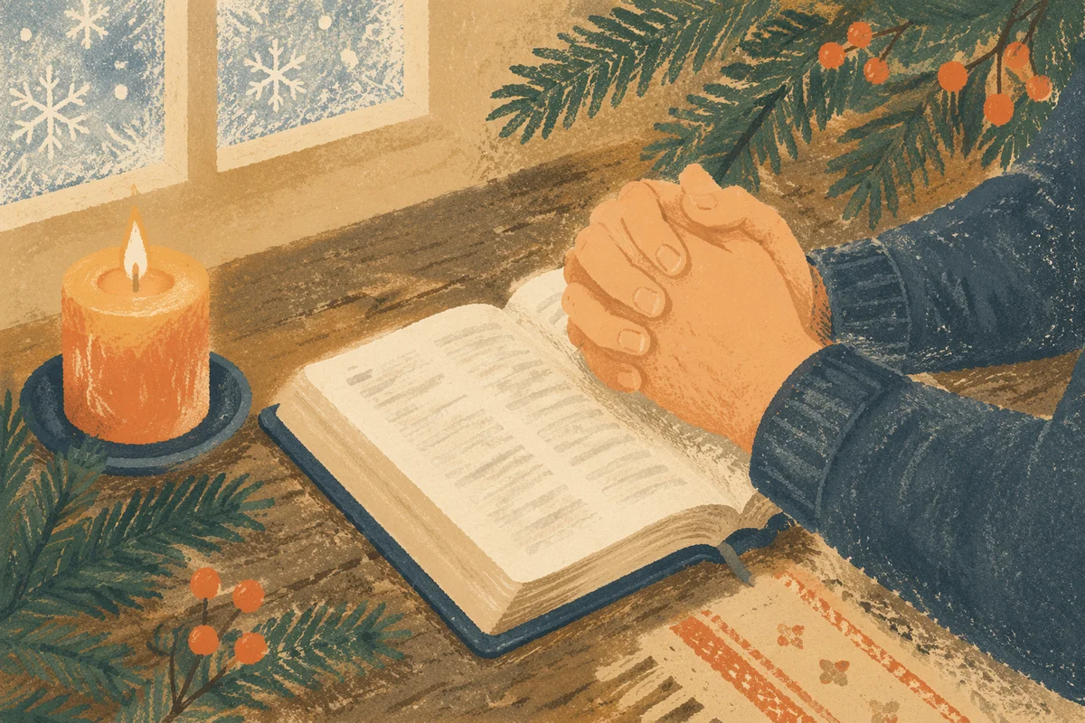 Praying Hands Over Bible With Evergreen Candle