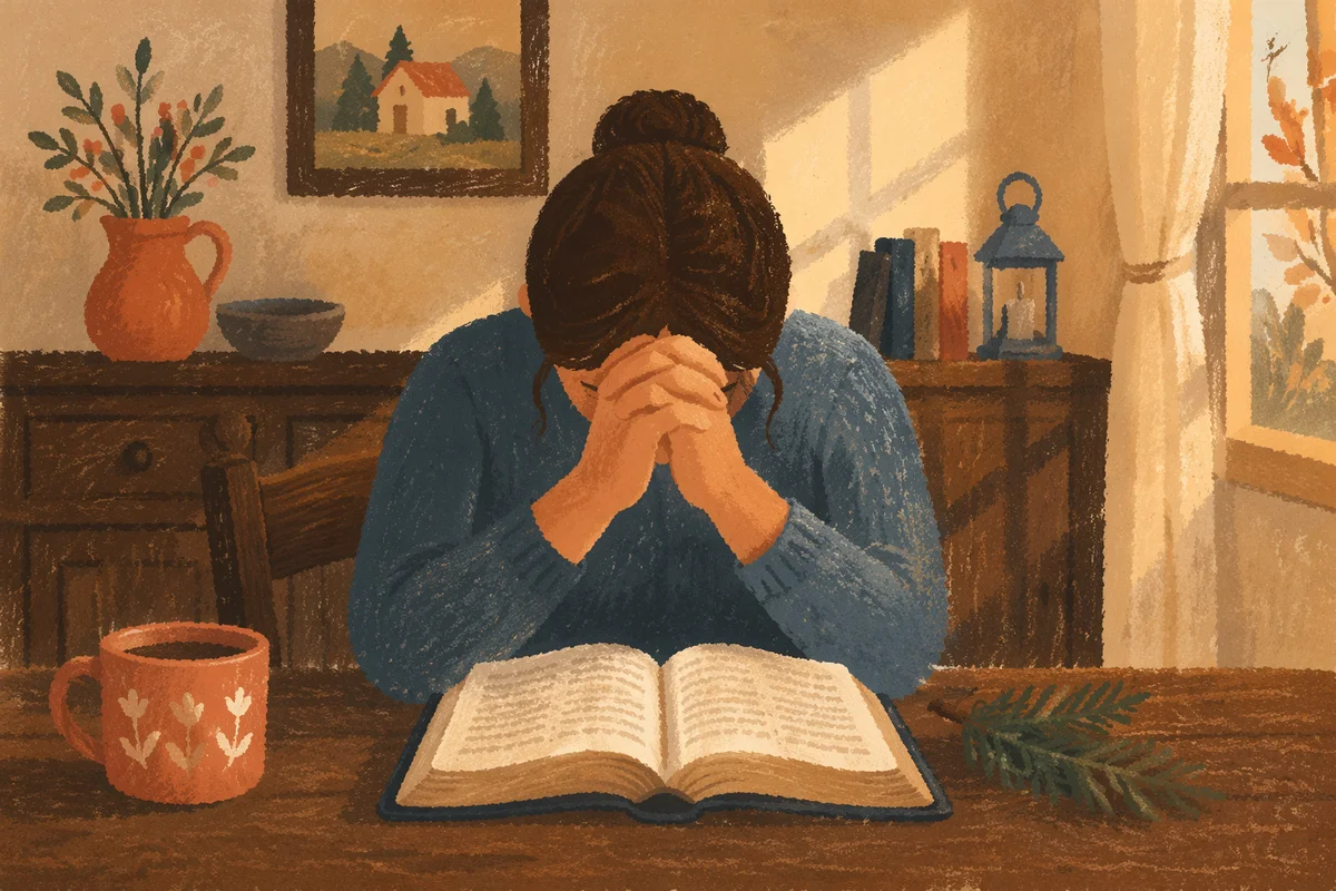 Praying Hands Over Bible at Home