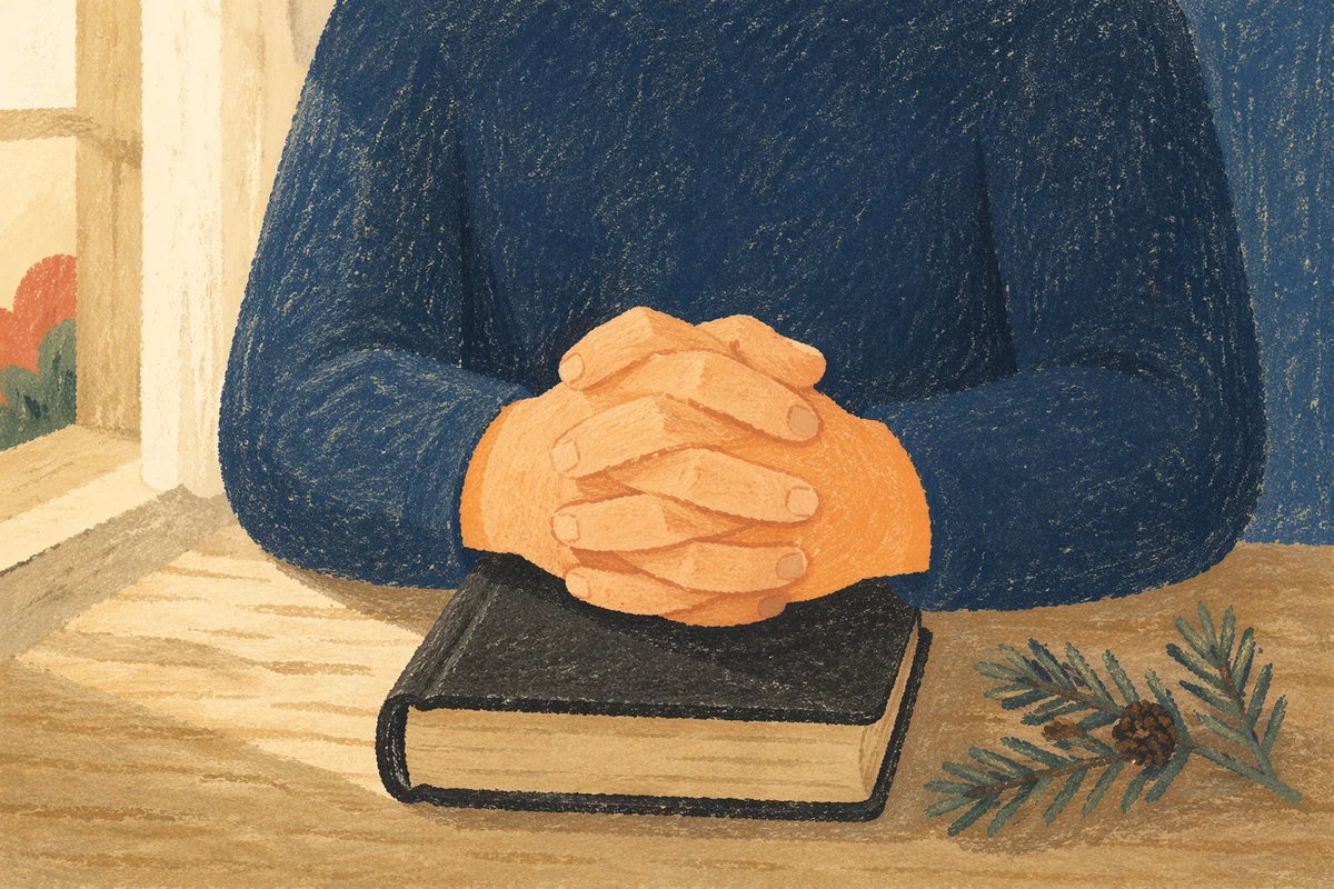 Praying Hands on Bible with Evergreen Sprig