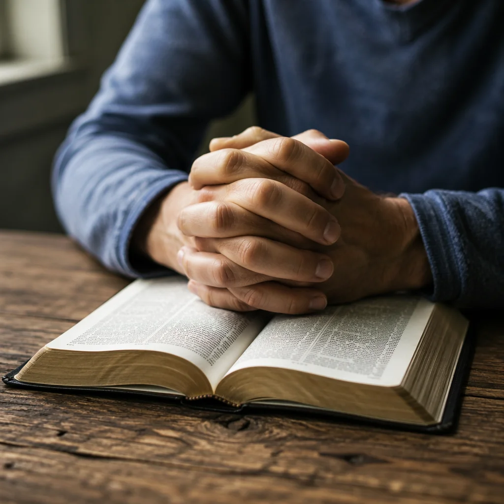 Praying Hands Resting on Open Bible