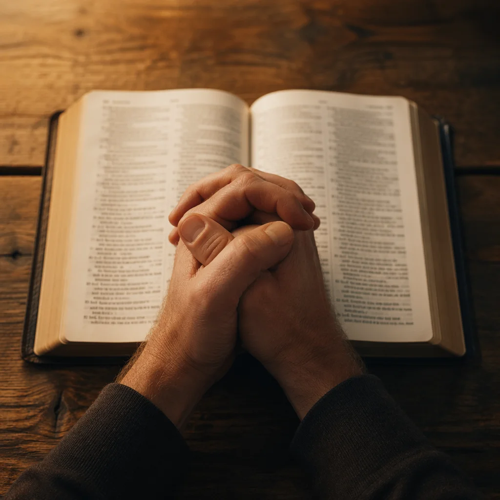 Praying Hands Over Open Bible