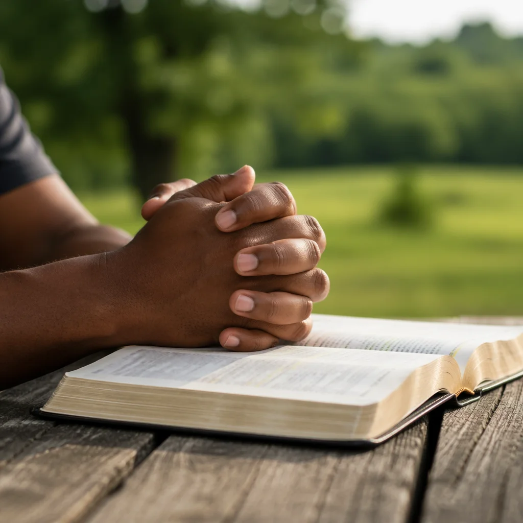 Praying Hands Resting on Open Bible