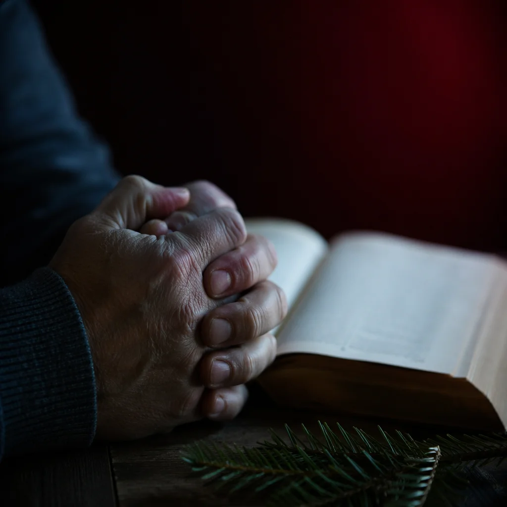 Praying Hands Beside Bible with Evergreen