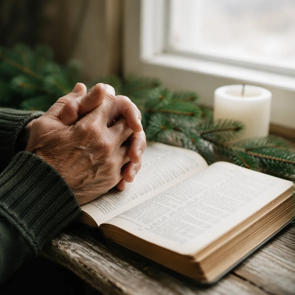 Praying Hands on Bible with Evergreen