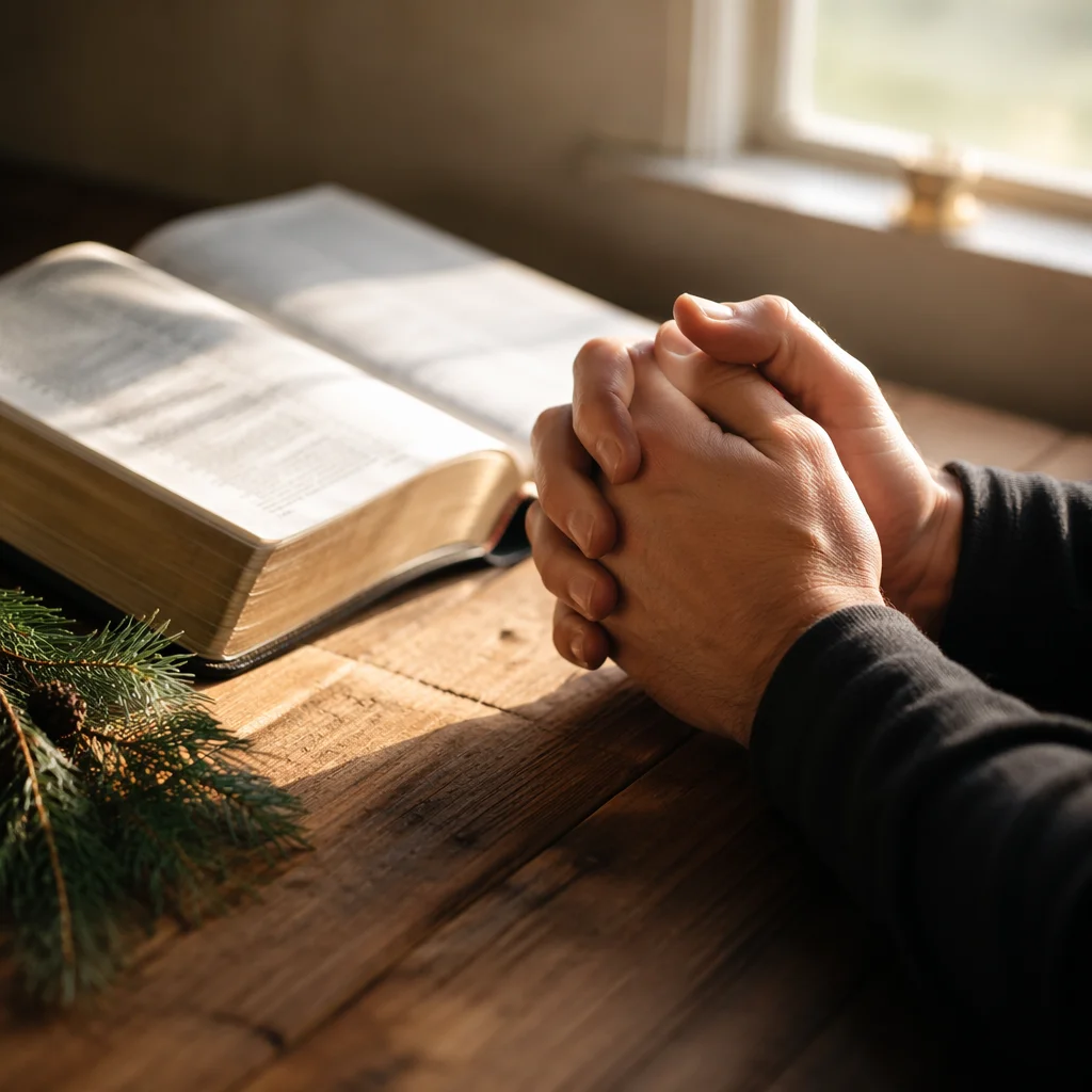 Praying Hands Beside Open Bible