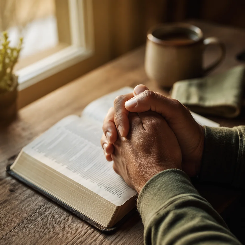 Praying Hands Over Open Bible at Dawn