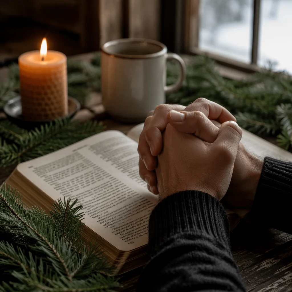 Praying Hands Over Bible with Evergreens