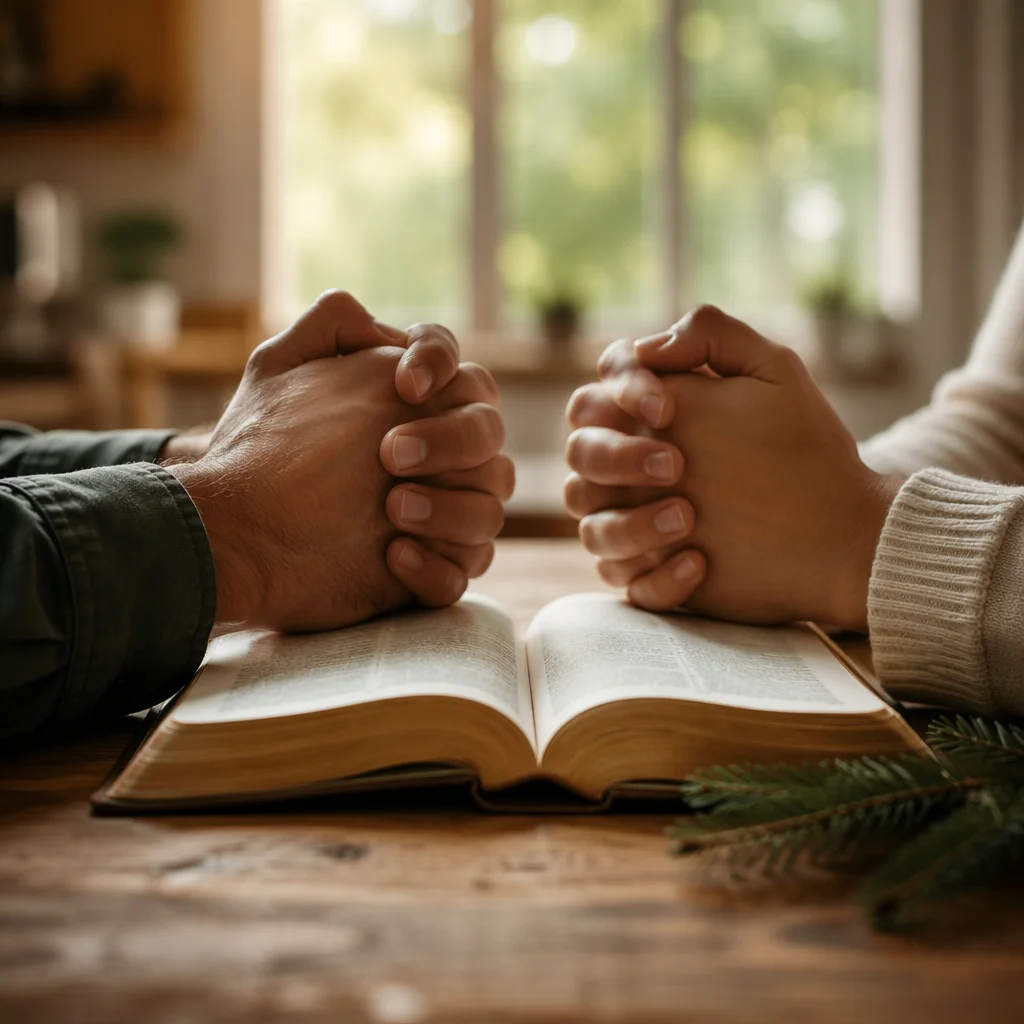Praying Hands Over Bible with Evergreen Sprig