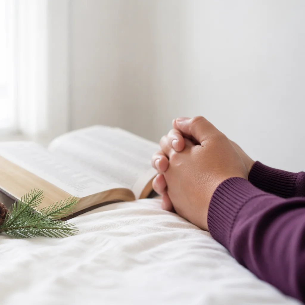 Praying Hands Beside Open Bible