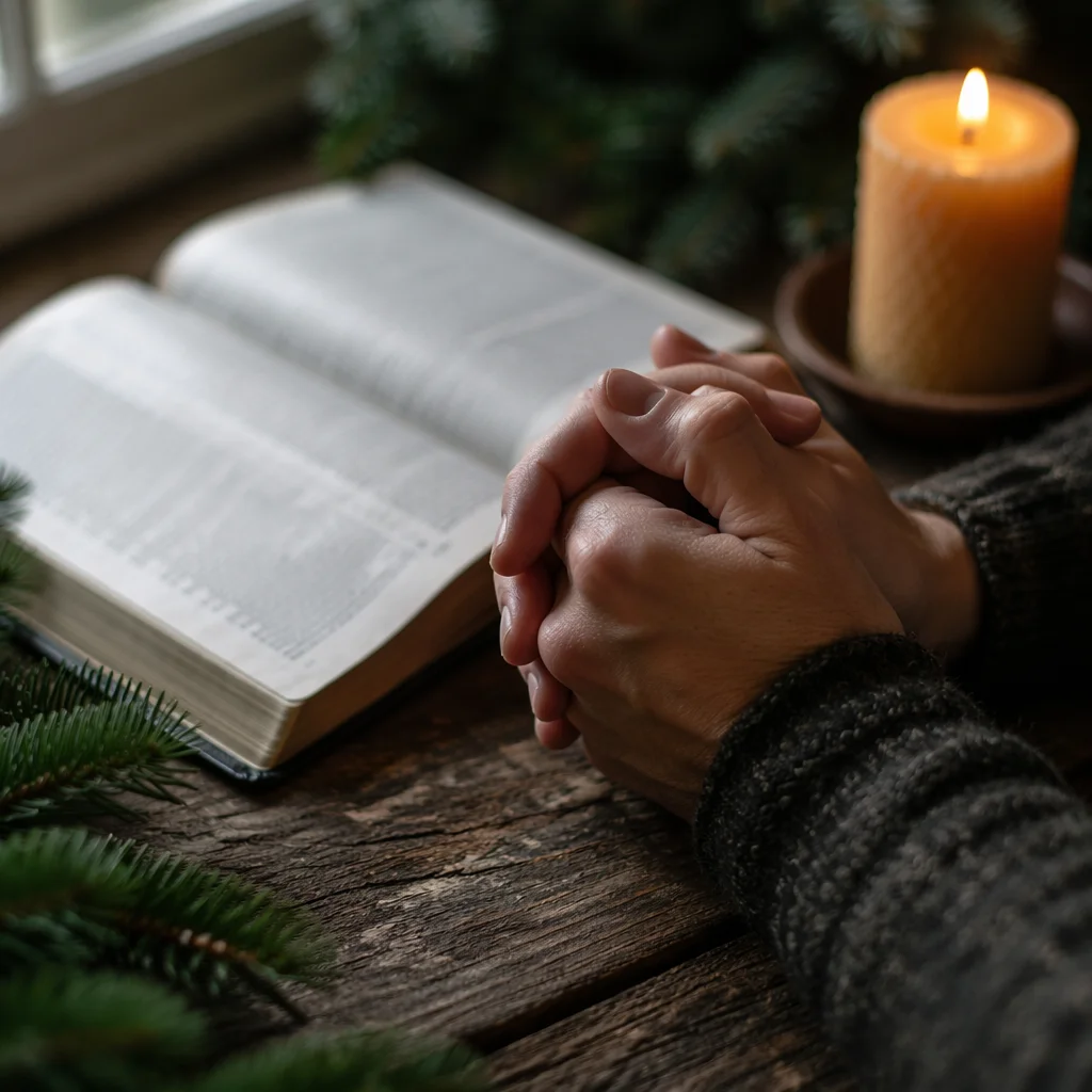 Praying Hands Beside Bible and Evergreen Candle
