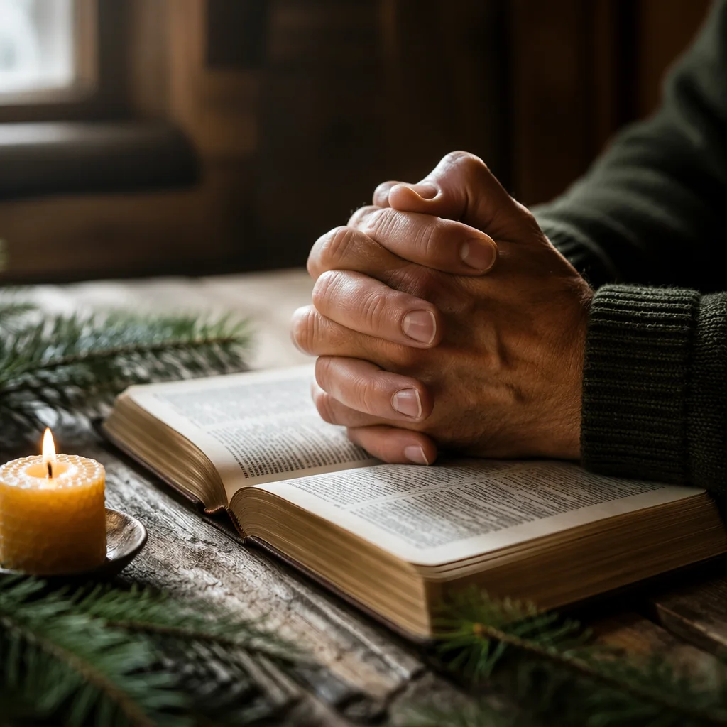 Praying Hands on Bible with Evergreen Candle