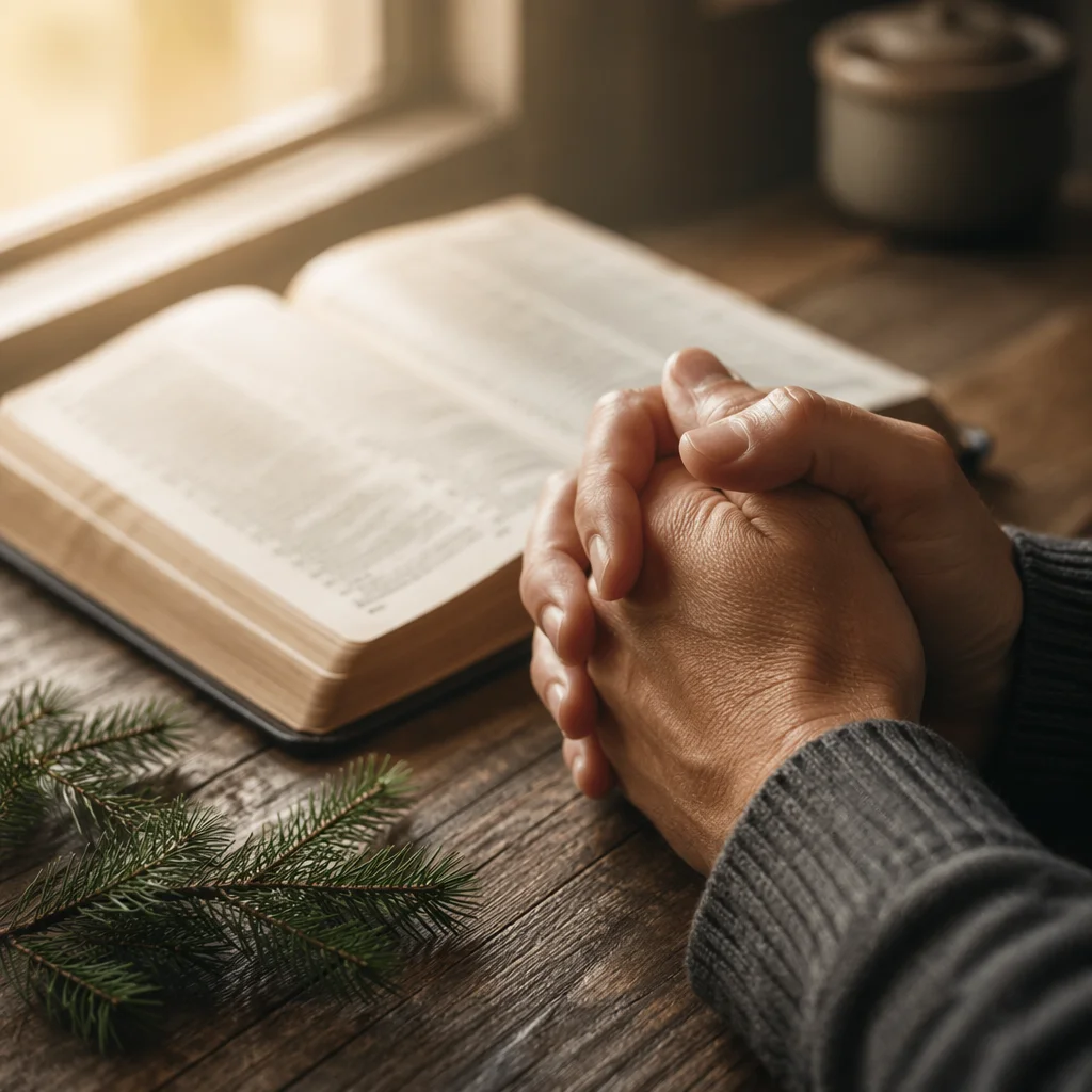 Praying Hands Beside Open Bible