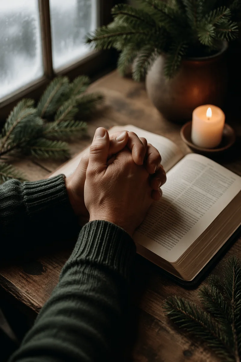 Praying Hands Over Bible with Evergreen