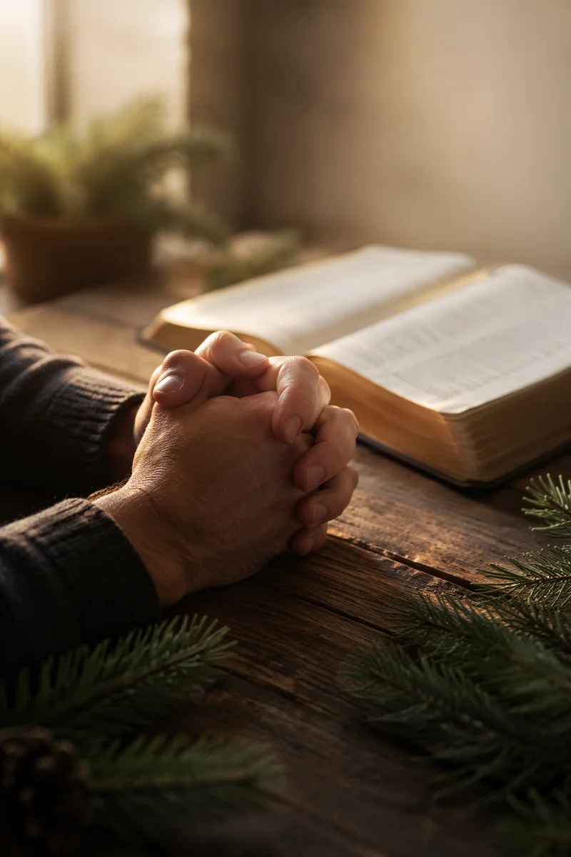 Praying Hands Beside Bible and Evergreen