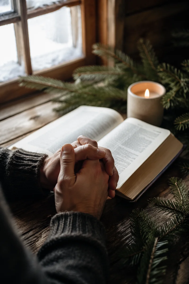 Praying Hands Beside Bible and Evergreens