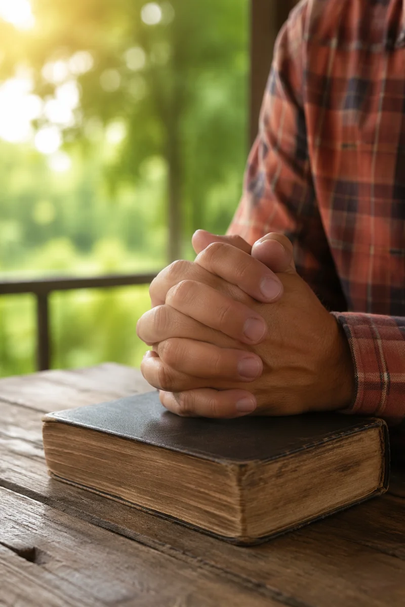 Praying Hands Resting on Worn Bible
