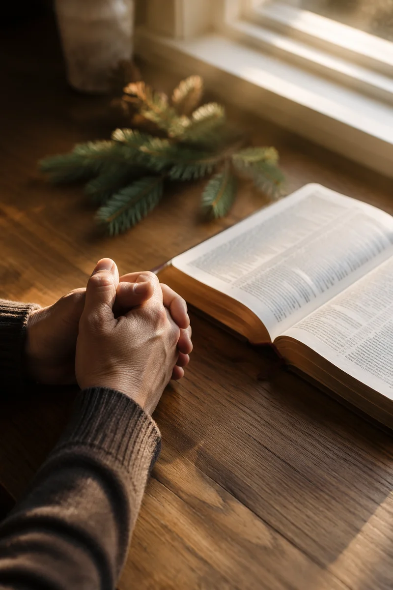 Praying Hands Beside Open Bible