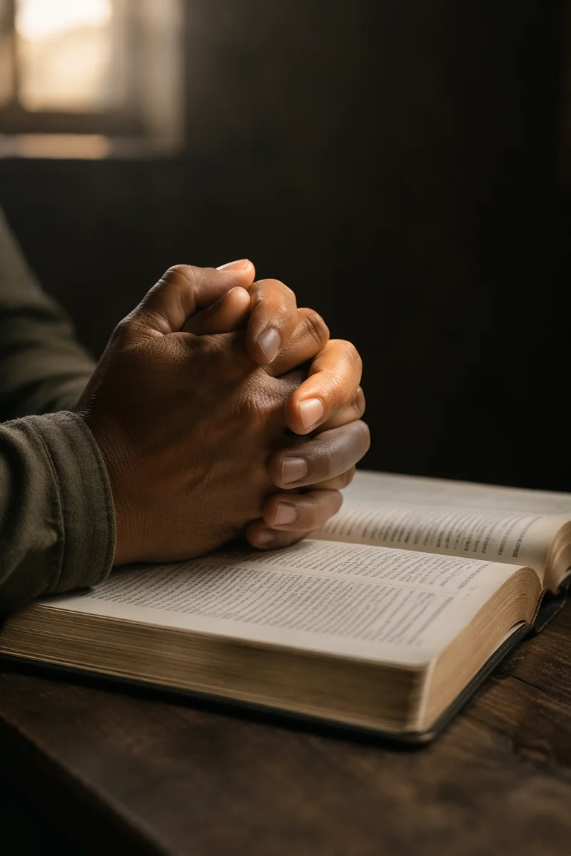 Praying Hands Resting on Open Bible
