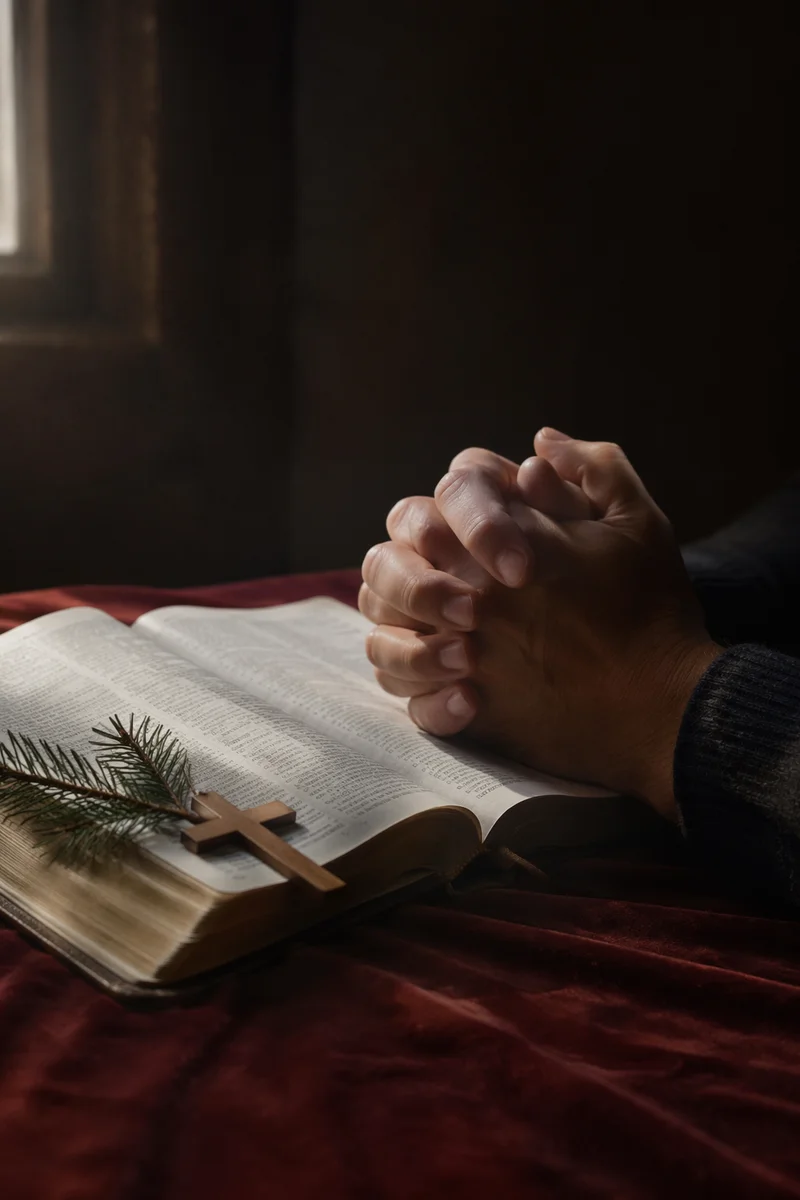 Praying Hands Beside Bible with Evergreen