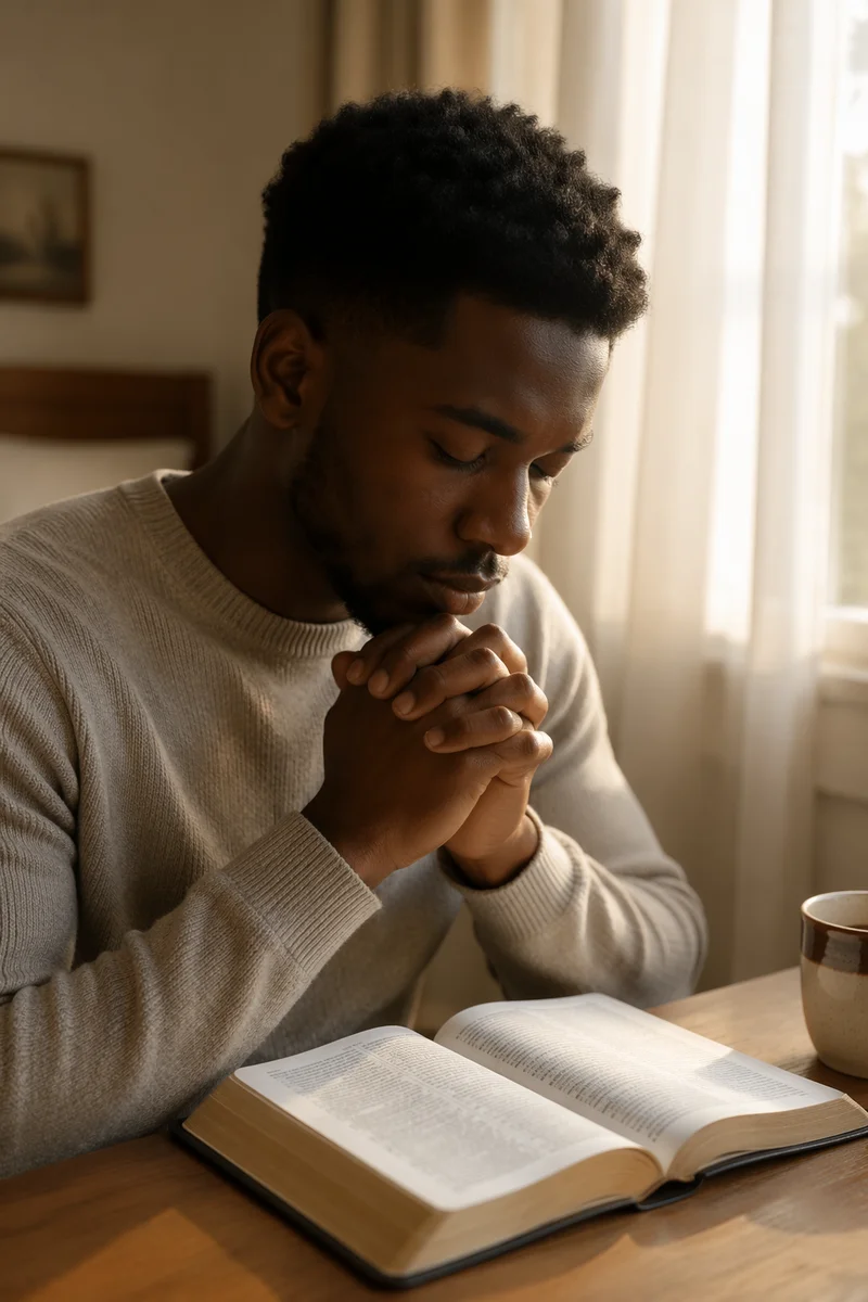 Young Man Praying Over Open Bible