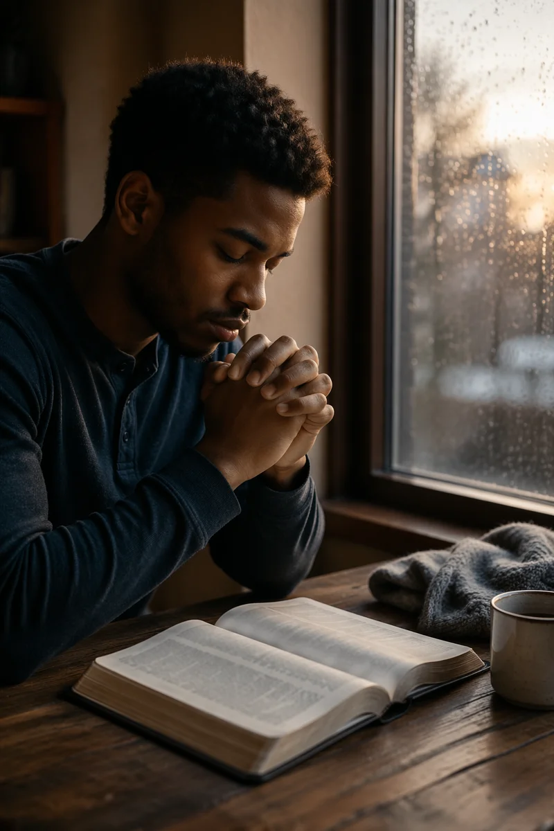 Praying Hands Above Open Bible at Dawn