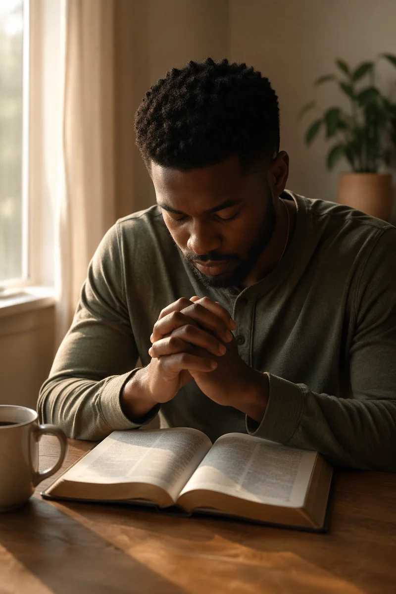 Praying Hands Over Bible by Window