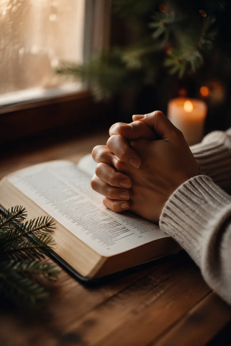 Praying Hands on Bible with Evergreen
