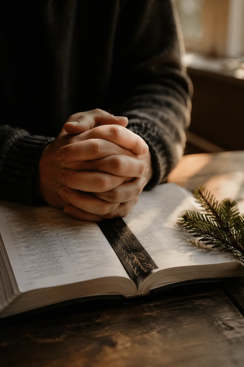 Praying Hands Over Bible With Evergreen Sprig
